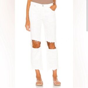 Free People White Maggie Mid Rise Straight Jeans Size 29 Cropped Distressed New